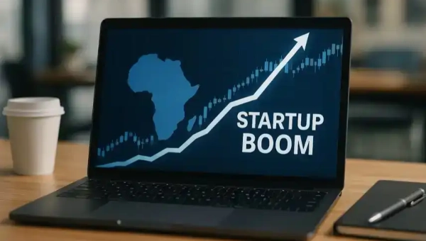 Finanzdiagramm und Afrikakarte als Symbolbild für den Tech-Boom afrikanischer Startups und steigendes Interesse deutscher Investoren.